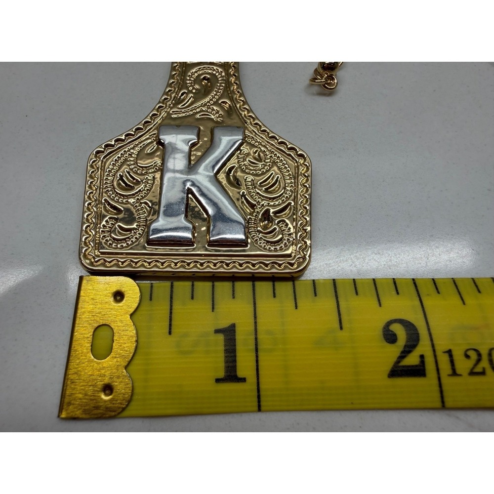 Western Cattle Tag Initial‎ K Pendant Necklace Engraved Filigree Gold NWOT - Picture 7 of 10